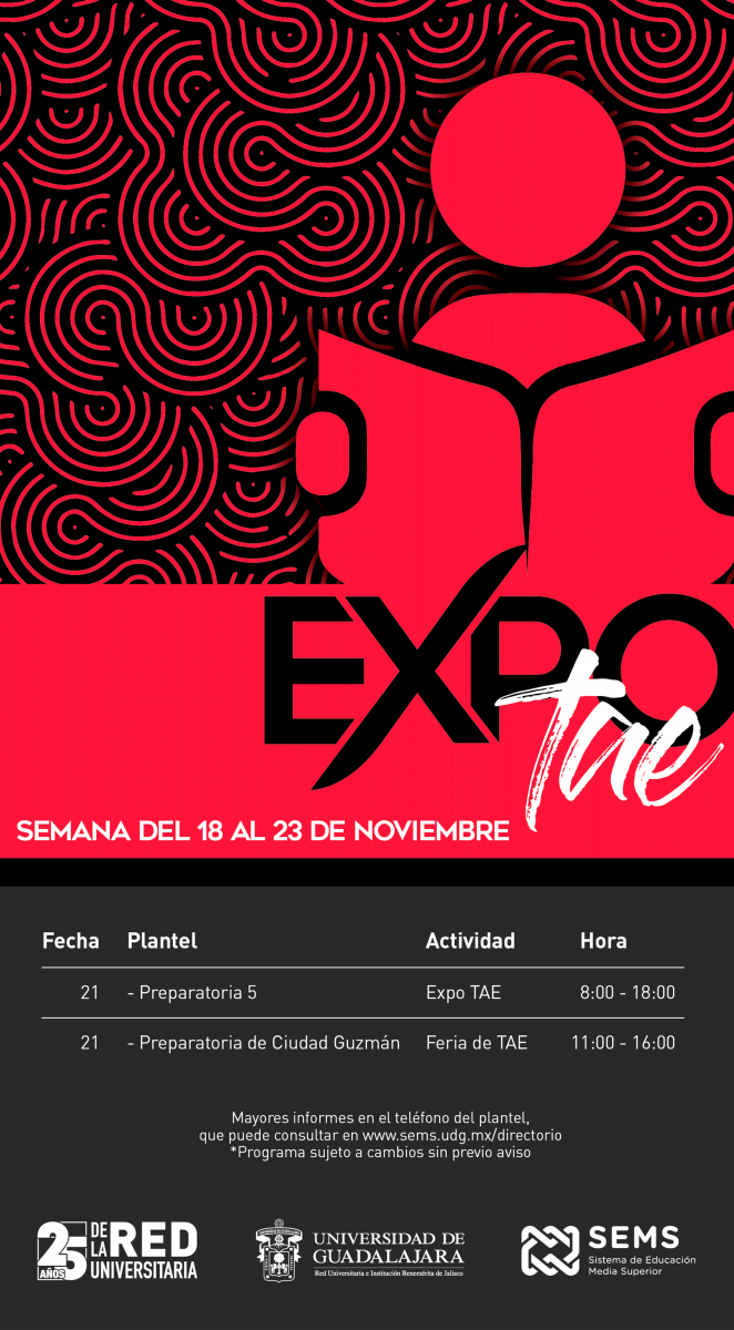 Calendario Expo TAE de las preparatorias del SEMS de la semana del 18 al 23 de noviembre de 2019