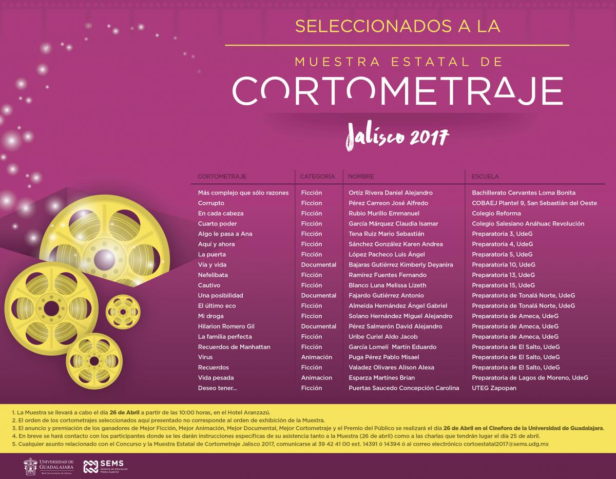 Cortos seleccionados a la Muestra Estatal de Cortometraje Jalisco 2017